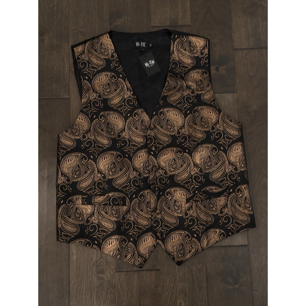 Hi-Tie Vest Suit Men Size 2XL Black & Gold Paisley Formal Wedding Waistcoat Silk